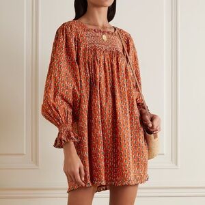 Doen Estee Cotton Floral Smocked Long Sleeve Mini Dress Calico Blooms Orange